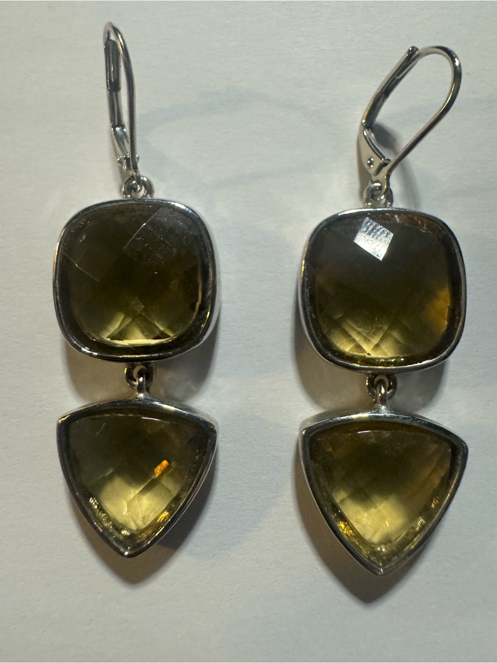 Silver Tone Double Drop Lever back Earrings Honey Citrine Smoky Quartz Untested